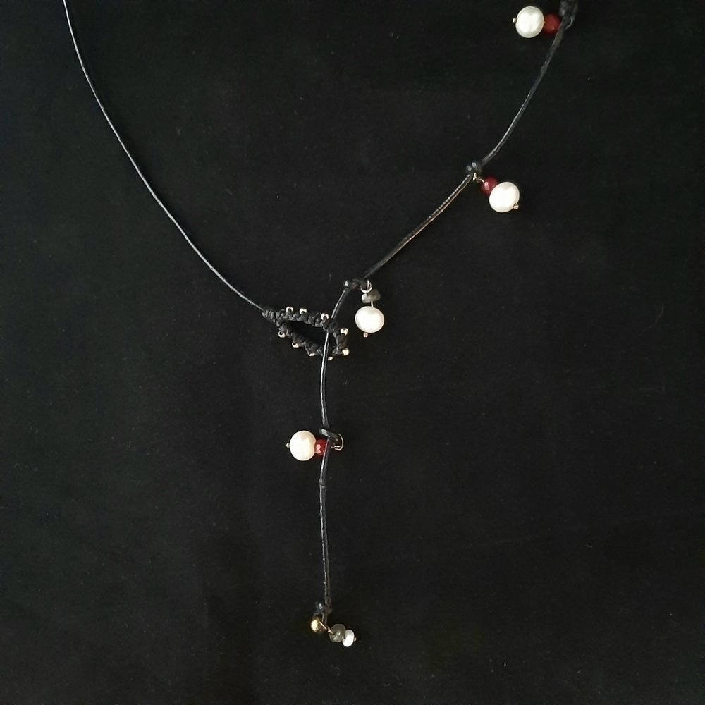 Handcrafted Natural Pearl and Real Ruby Leather Lariat Necklace - Picture 6 of 13